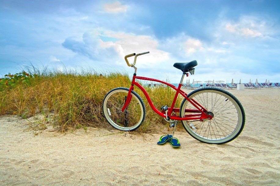 Photo of red bicycle parked near some grass on beach